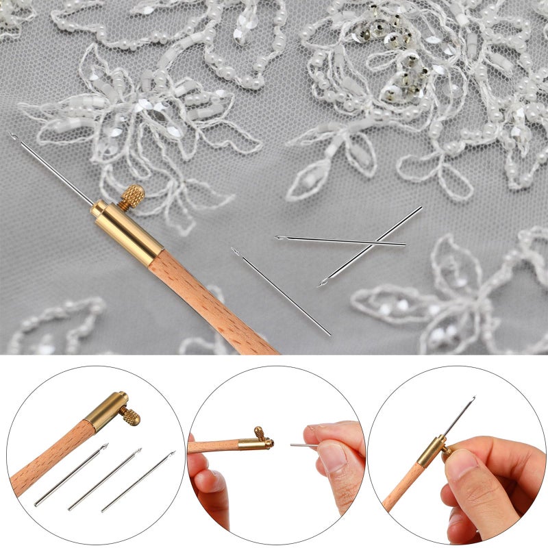 meekoo Tambour Hook with 3 Needles 70# 90# 100# Tambour Embroidery Kit Tool Crochet Hook Kit Sequin Beads Needle Set for Embroidery Sewing Crafting Handmade Artwork Making Gifts for Protect Hands(1) - Image 4